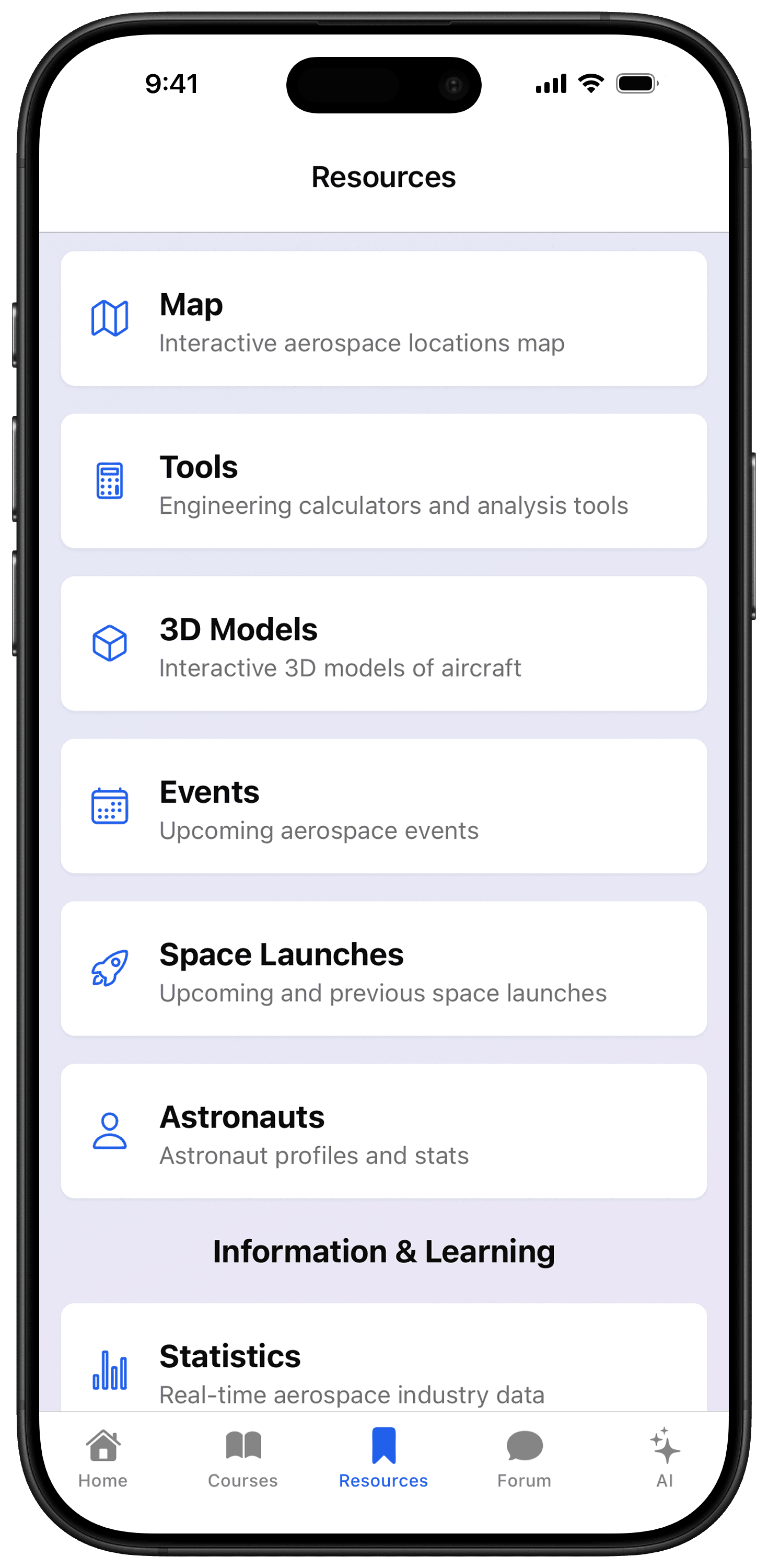 Resources library screen